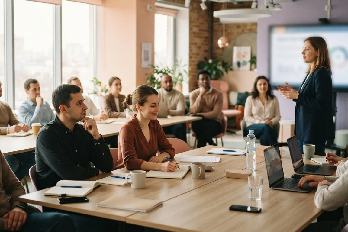 A team training session in a classroom with a trainer