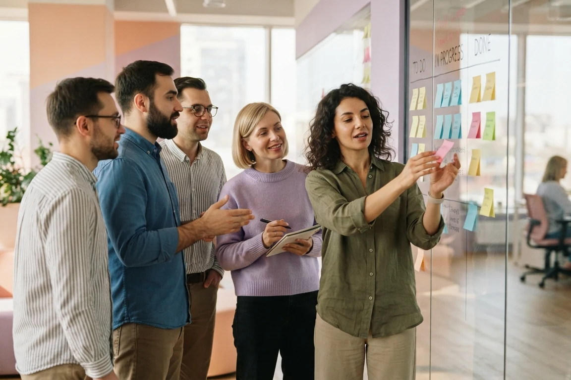 A team discussing tasks by a glass wall covered in sticky notes