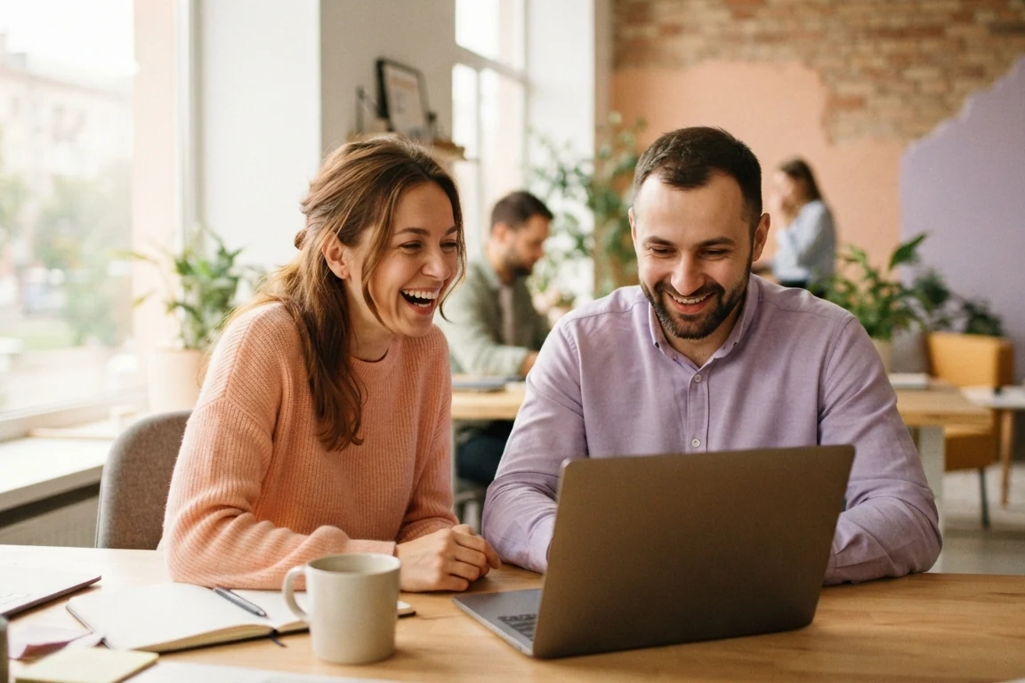 Two colleagues in a lively conversation at a laptop