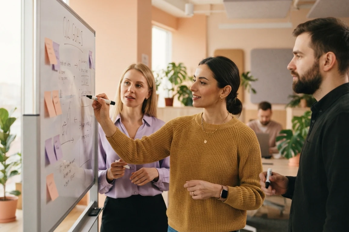 A team plans goals at a whiteboard
