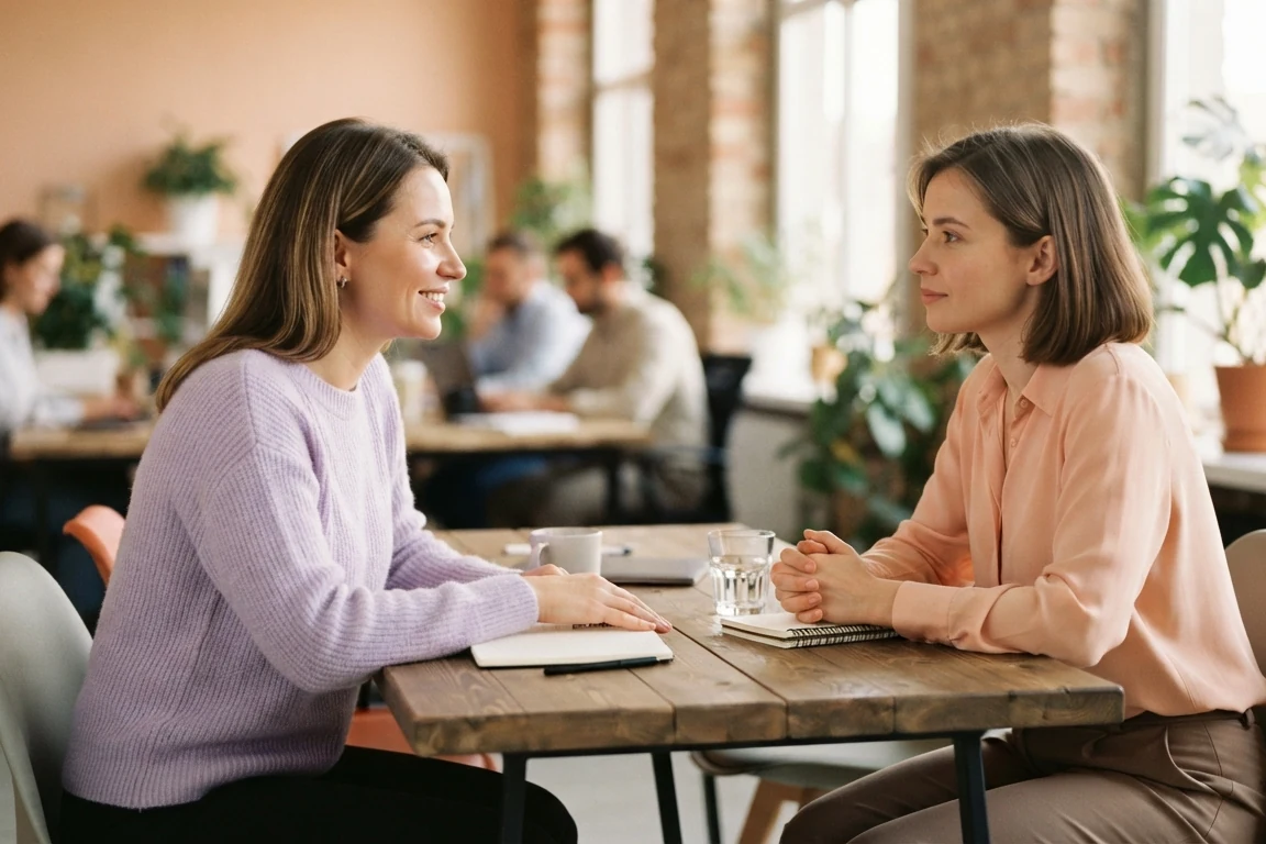 A manager and an employee talking at a table