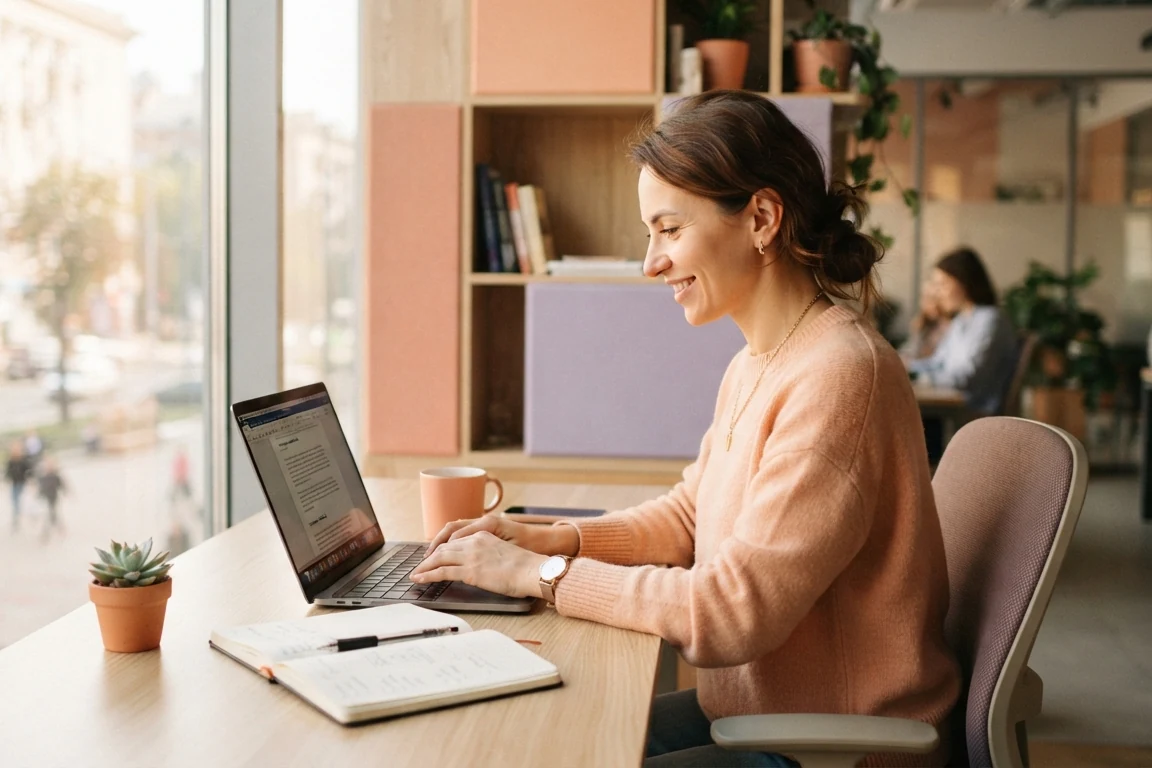 An employee writing a document on a laptop