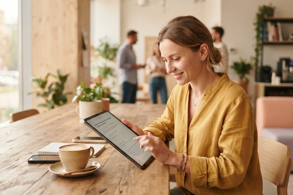 An employee answering a survey on a tablet
