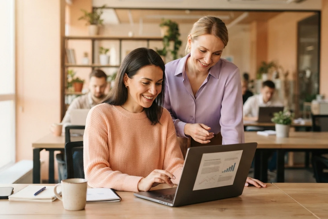 Colleagues reviewing and approving a document on a laptop